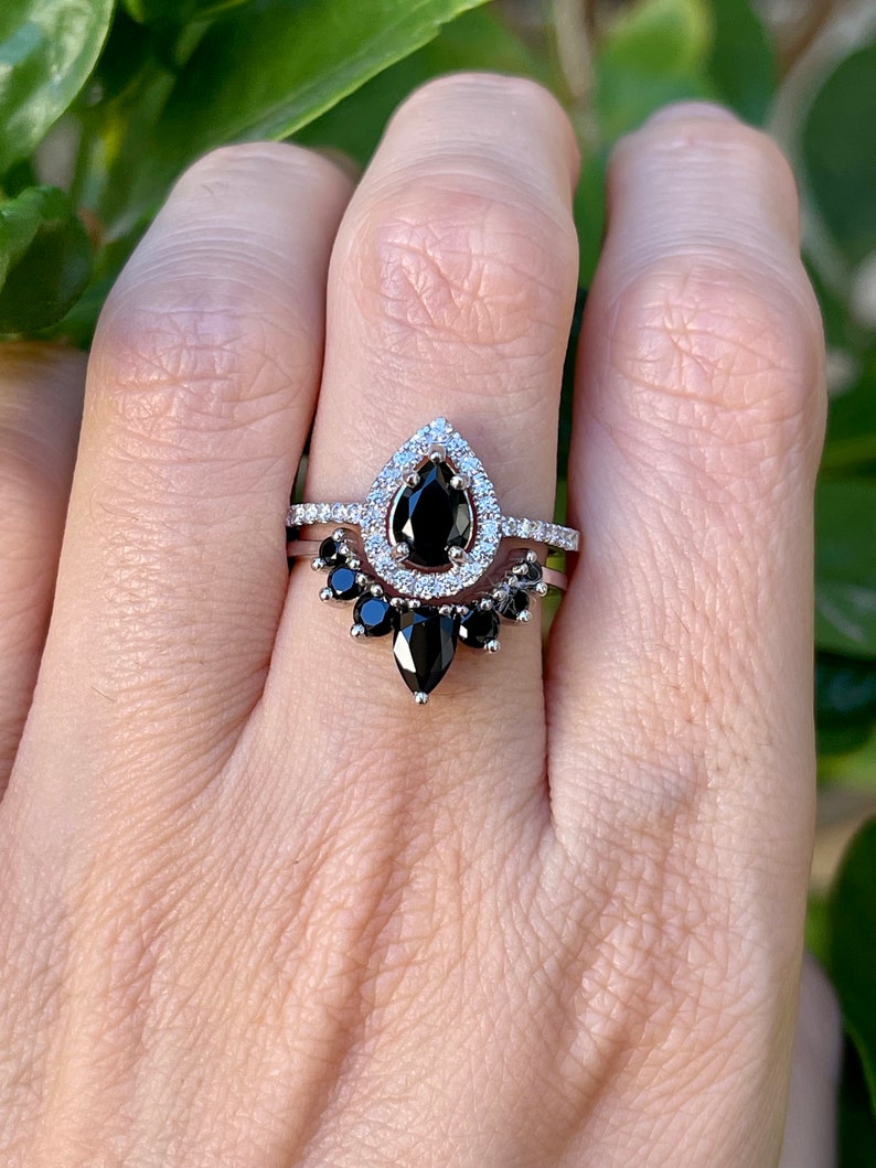 Teardrop Black Onyx Engagement Silver Ring Set Pear Black Diamond Alternative 2 Rose Ring Black Halo Ring with Wedding Band image 9