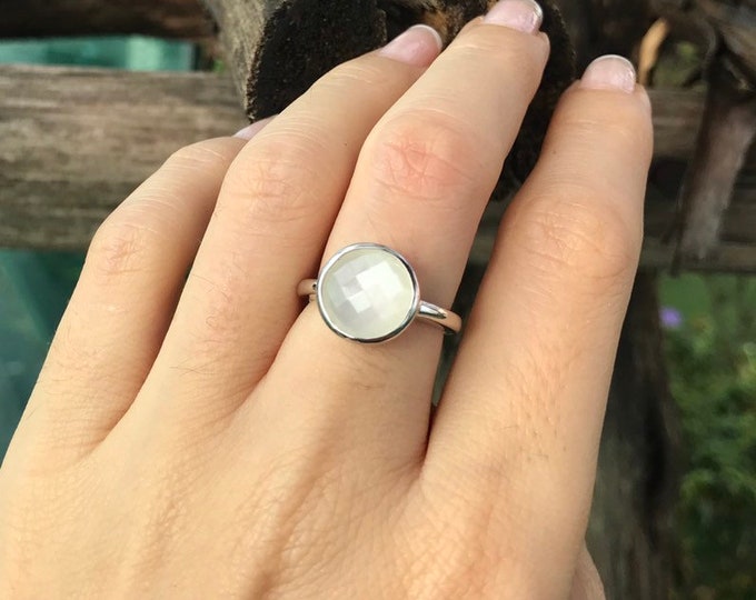 Faceted White Moonstone Ring- Solitaire Round Moonstone Ring- White Stone Promise Ring- June Birthstone Ring- Jewelry Gifts for Her