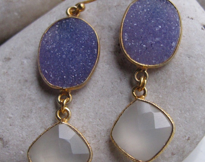 Blue Druzy Moonstone Mix Dangle Earring- Long Drop Gemstone Gold Earring