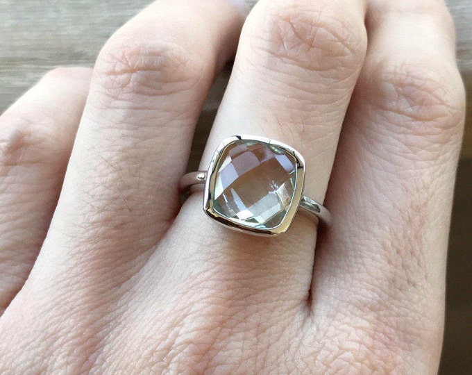 Green Amethyst Ring in Sterling Silver Square February Birthstone Ring Green Gemstone Ring Solitaire Simple Amethyst Ring