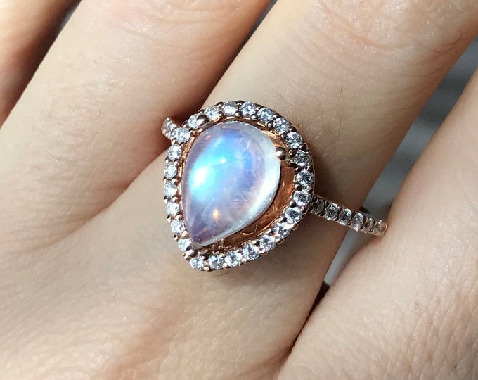 2ct Large Moonstone Pear Halo Engagement Ring- Teardrop Moonstone Cabochon Solitaire Ring- Solid 14k Rose Gold Moonstone Diamond Ring