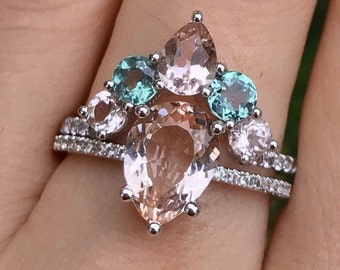 Genuine Pear Morganite Alexandrite Engagement 2 Ring Set- Teardrop Color Gemstone Bridal Ring with Matching Band 14k 18k