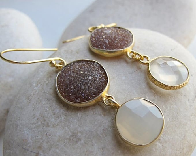 Brown Druzy Dangle Gold Earring- Boho Statement Drop Earring- Mixed Rough Stone Earring- Raw Stone Double Drop Earring- Long 2 Stone Earring