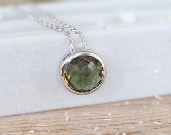 Green Olive Quartz Round Sterling Silver Slider Necklace- Forest Green Bezel Necklace- Dark Green Gemstone Necklace for Her