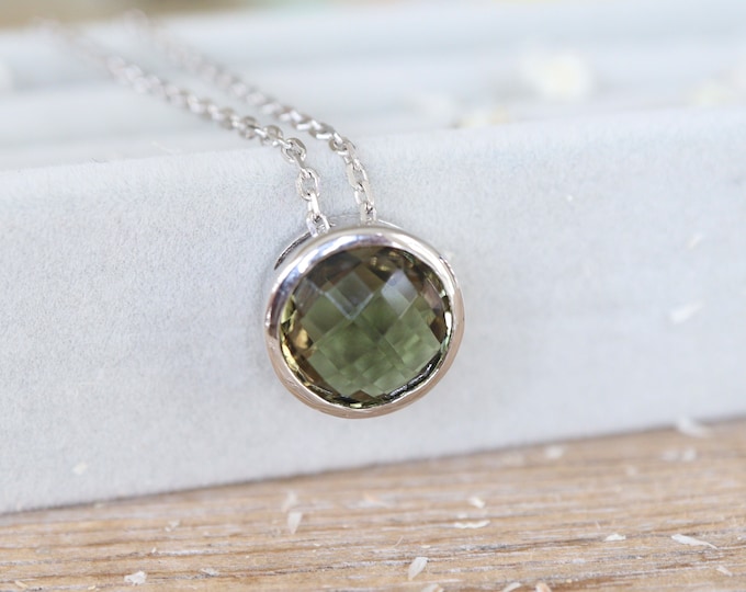 Green Olive Quartz Round Sterling Silver Slider Necklace- Forest Green Bezel Necklace- Dark Green Gemstone Necklace for Her