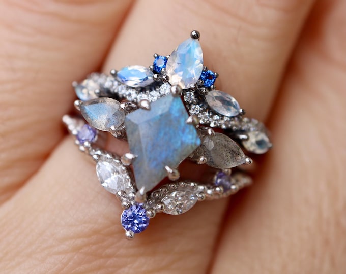 Kite Labradorite Engagement 3 Ring Set with Moonstone Contour Wedding Bands