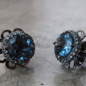 London Blue Topaz with Sapphire Earring- Dark Blue Halo Round Stud Earring- Black Plated Blue Earring- December Birthstone Stud Earring