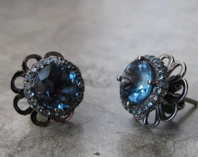 London Blue Topaz with Sapphire Earring- Dark Blue Halo Round Stud Earring- Black Plated Blue Earring- December Birthstone Stud Earring