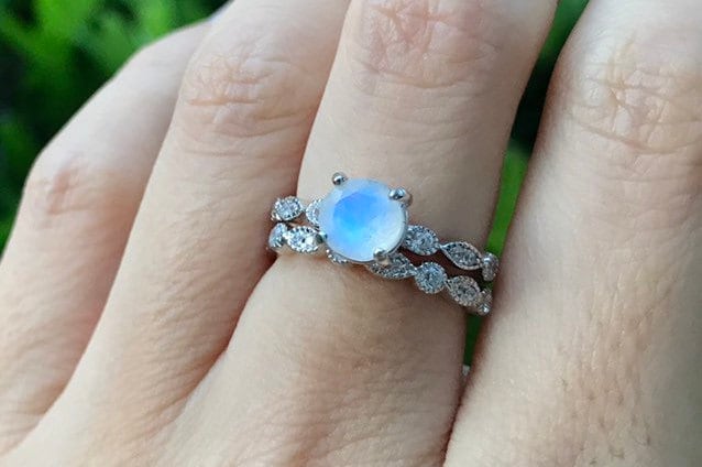 0.70ct Round Moonstone Engagement Ring Set Rainbow Moonstone Promise Ring Solitaire Moonstone Prong Ring Faceted Moonstone Bridal Ring Set
