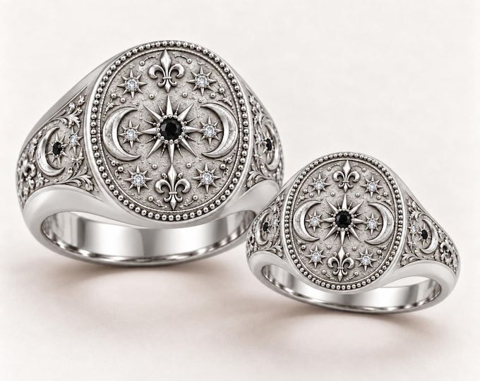 Celestial Fleur-de-Lis His & Hers Oval Signet Wedding Bands