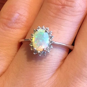 Oval Opal Halo Engagement Ring- Genuine Opal Promise Ring- Fire Opal Anniversary Ring- Solitaire Welo Opal Ring- October Birthstone Ring
