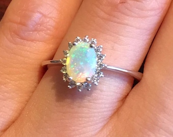 Oval Opal Halo Engagement Ring- Genuine Opal Promise Ring- Fire Opal Anniversary Ring- Solitaire Welo Opal Ring- October Birthstone Ring