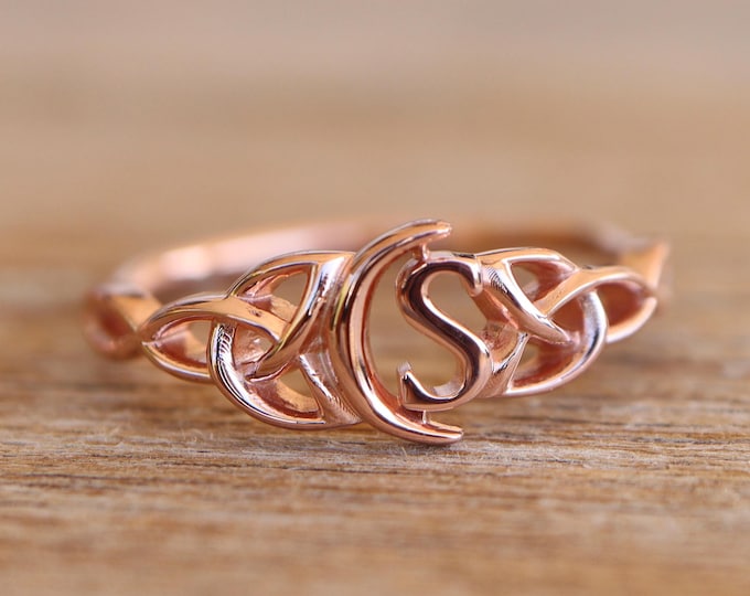 Celtic and Crescent Moon Initial Ring- Dainty Alphabet Letter 925 Sterling Silver- Zodiac Celestial Personalize Name Celtic Knot Ring