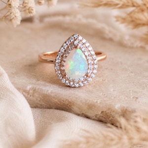 Teardrop Double Halo Genuine Opal Ring image 1