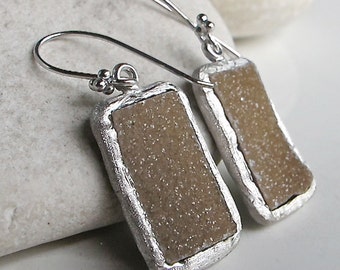 Rectangle Druzy Dangle Earring- Brown Druzy Earring Sterling Silver- Silver Real Druzy Earring- Boho Statement Long Drop Earring Handmade