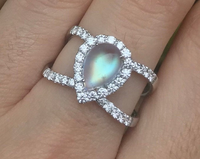 Teardrop Moonstone Diamond Statement Ring- Genuine Moonstone Twist Ring- Rainbow Moonstone Pear Double Band Ring- Moonstone Solitaire Ring