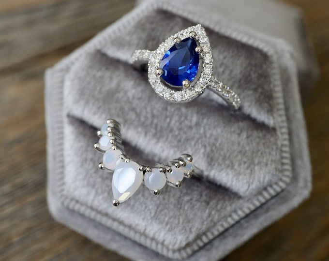 Teardrop Blue Sapphire Bridal Ring Set- Pear Sapphire with White Opal Engagement 2 Ring Set- Dark Blue Halo Sapphire Diamond Accent Ring