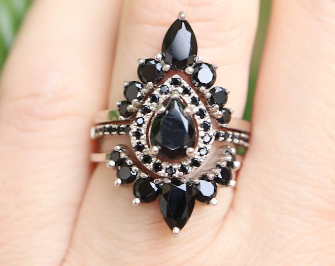 Black Onyx Pear Bridal 3 Ring Set- Teardrop Black Diamond Alternative Engagement Rings- Black Halo Ring with Black Onyx Contour Wedding Band