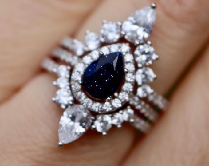 Pear Blue Sandstone Galaxy Halo Engagement Sterling Silver 3 Ring Set