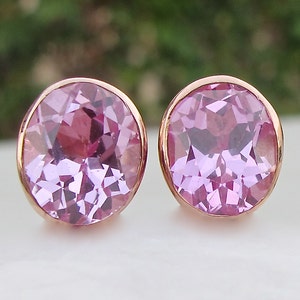 Oval Pink Cubic Zirconia Earring Pink Quartz Stud Bezel Earring Pink Topaz Silver Earring Rose Plated Gold Plated Stud Earring Rose Gold Plated