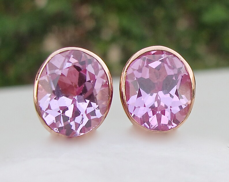 Oval Pink Cubic Zirconia Earring Pink Quartz Stud Bezel Earring Pink Topaz Silver Earring Rose Plated Gold Plated Stud Earring Rose Gold Plated