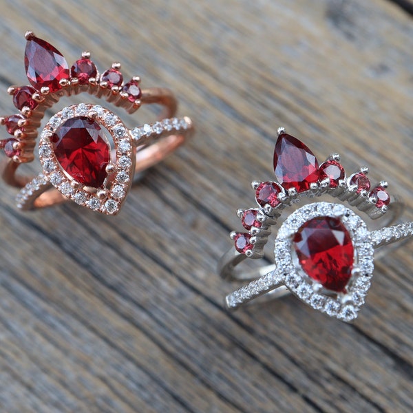 Teardrop Garnet Engagement Silver Rings- Pear Garnet Rose 2 Ring Set- Red Stone Halo Bridal Ring with Curved Wedding Band