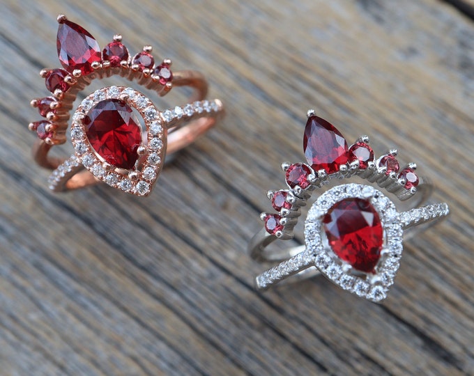 Teardrop Garnet Engagement Silver Rings- Pear Garnet Rose 2 Ring Set- Red Stone Halo Bridal Ring with Curved Wedding Band