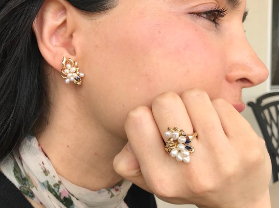 Cluster Pearl 14k Yellow Gold Jewelry Set- Natural Genuine Freshwater Pearl Ring Earring Deco Set- Wedding Jewelry Set Real Pearl Statement