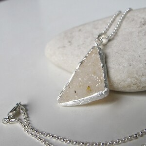 White Raw Druzy Necklace Triangle Rough Stone Druzy Silver Necklace- Boho Statement Necklace- Handmade Raw Crystal Necklace Jewelry Gift her