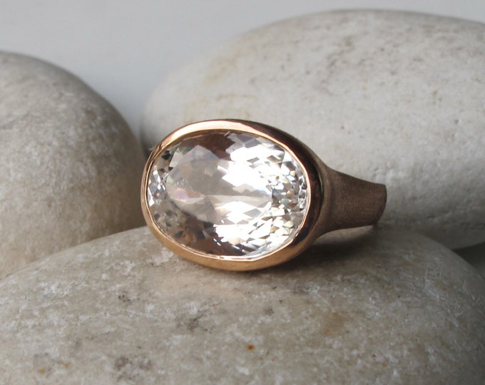 Large White Topaz Rose Gold Solitaire Ring-Colorless Oval Statement Minimalist Ring-Genuine White Topaz Bezel Ring-Clear East West Ring