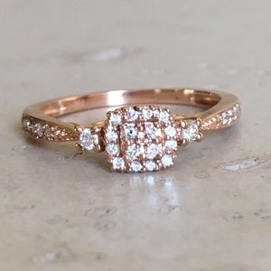 Rose Gold Diamond Promise Ring- Cluster Diamond Dainty Ring- Three Stone Ring- Solitiare Diamond Ring for Her- April Birthstone Ring