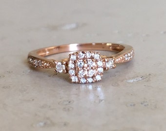 Rose Gold Diamond Promise Ring- Cluster Diamond Dainty Ring- Three Stone Ring- Solitiare Diamond Ring for Her- April Birthstone Ring