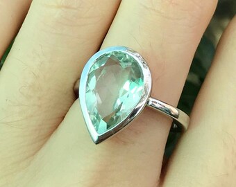 Pear Green Amethyst Engagement Ring- Green Large Gemstone Bold Ring- Amethyst Teardrop Silver Solitaire Ring- February Birthstone Ring