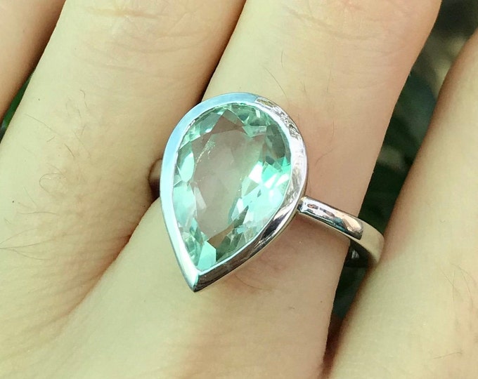 Pear Green Amethyst Engagement Ring- Green Large Gemstone Bold Ring- Amethyst Teardrop Silver Solitaire Ring- February Birthstone Ring