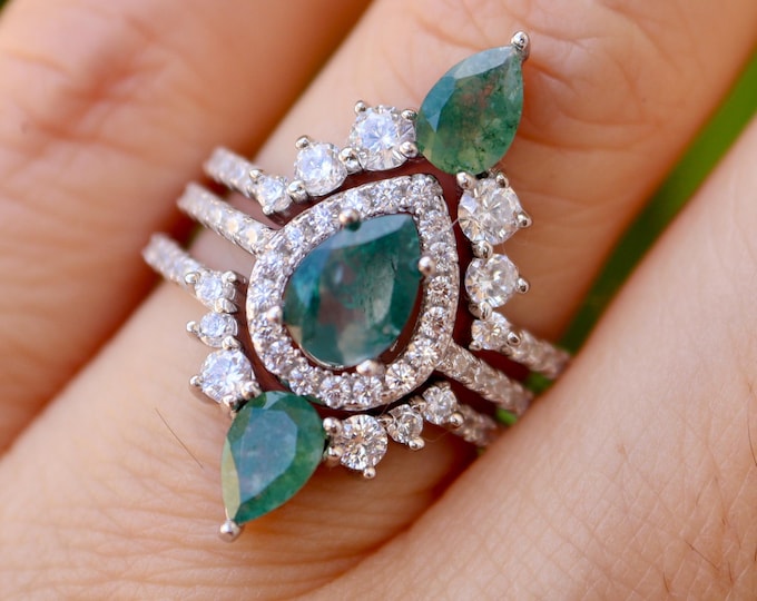 Teardrop Moss Agate Halo Bridal 3 Ring Set-Pear Natural Moss Agate Engagement Ring- Genuine Green Stone Promise Ring with 2 Moss Agate Band