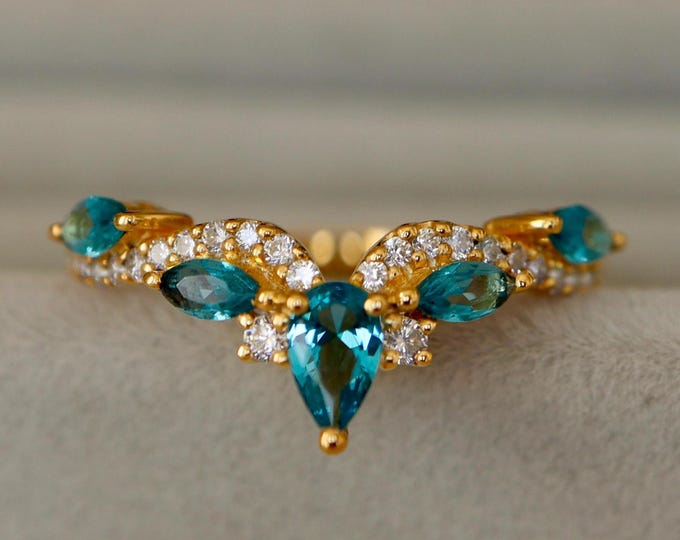 Blue Green Paraiba Marquise Tourmaline Deco Wedding Band in Solid 10k 14k 18k Gold