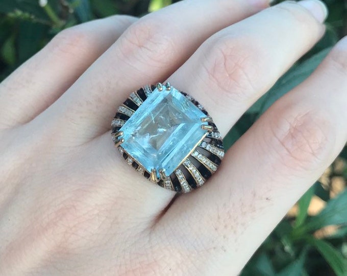 9ct Aquamarine Diamond Rectangle Solitaire Ring- Aquamarine Emerald Cut Gold Ring- Avant Garde Large Statement OOAK Ring