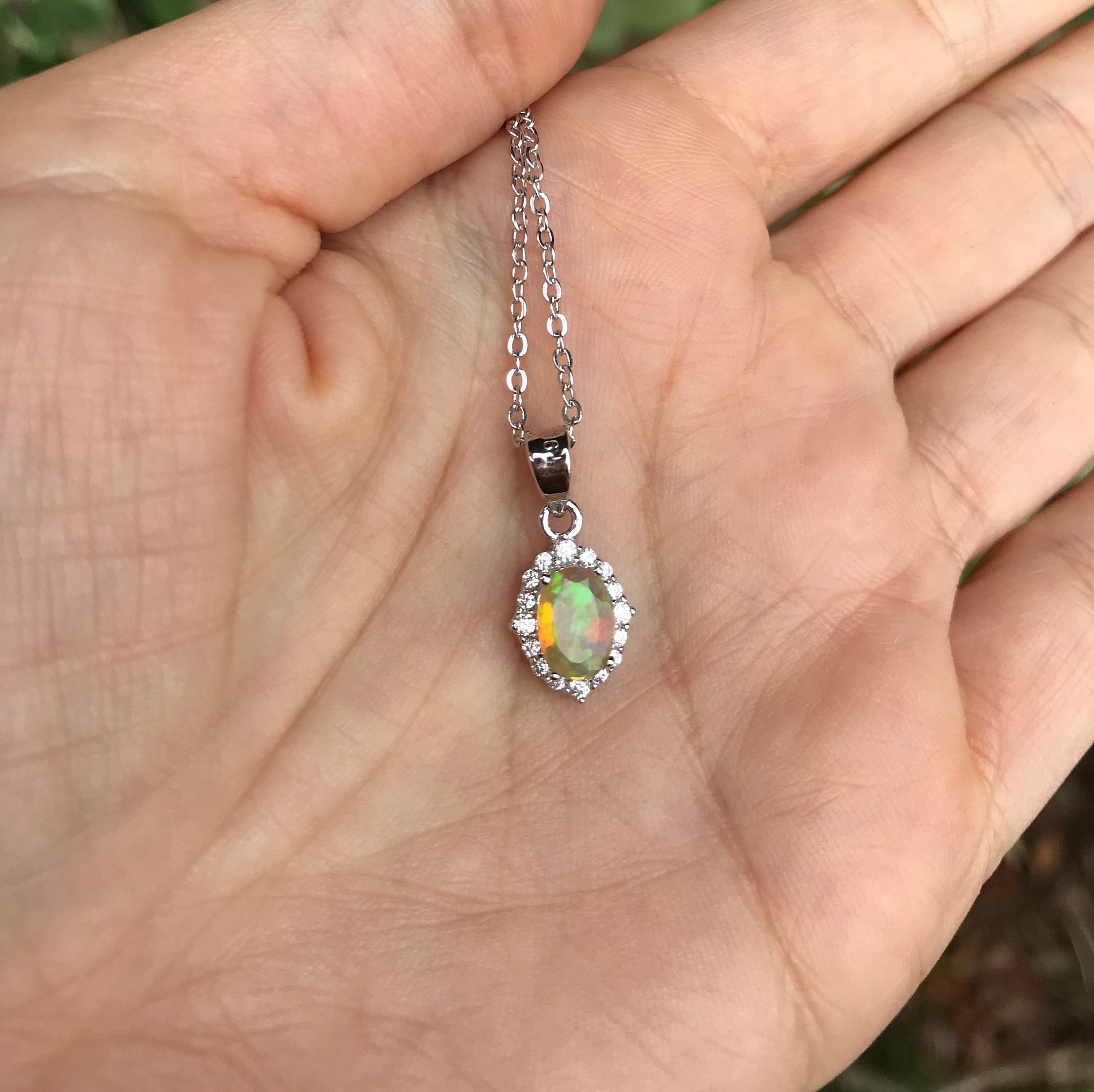 Oval Fire Opal Necklace- Genuine Welo Opal Necklace- Halo Opal Necklace