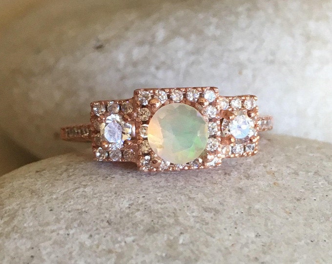 Opal Rose Gold Vintage Engagement Ring- Genuine Fire Opal Promise Ring for Her- Welo Round Opal Anniversary Ring- October Birthstone Ring-