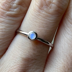 Moonstone Dainty Stackable Ring- Jewelry Gifts under 25- Genuine Tiny Rainbow Moonstone Ring for Child Teen- Facet Round Silver Bezel Ring