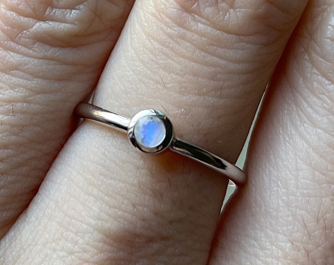 Moonstone Dainty Stackable Ring- Jewelry Gifts under 25- Genuine Tiny Rainbow Moonstone Ring for Child Teen- Facet Round Silver Bezel Ring