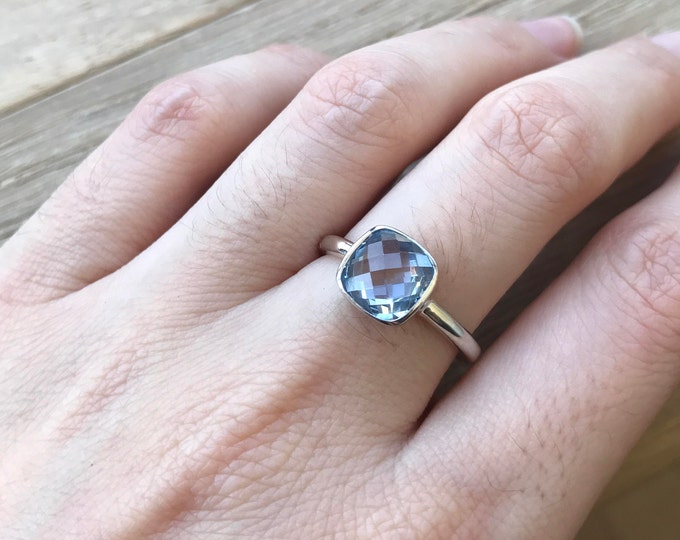 Square Blue Topaz Dainty Ring- Stackable Small Blue Silver Ring- Blue Quartz Ring- SimpleSomething  Blue Ring-December Birthstone Ring