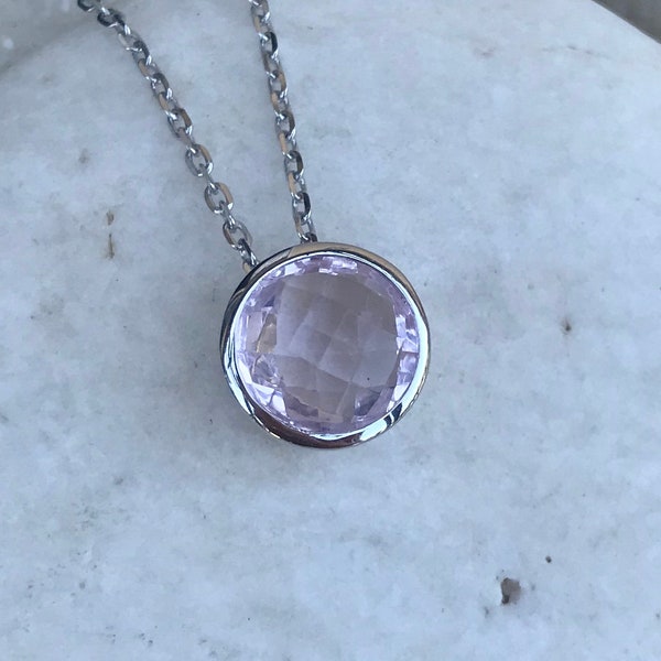 Collana con cursore in argento rotondo con ametista naturale Rose De France - Collana classica semplice con pietra preziosa di ametista rosa genuina - Collana con castone minimale