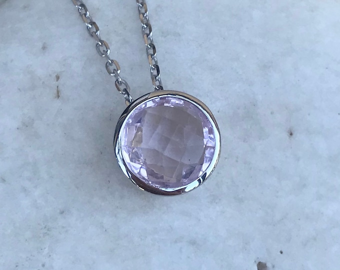 Natural Rose De France Amethyst Round Silver Slider Necklace- Genuine Pink Amethyst Gemstone Simple Classic Necklace- Minimal Bezel Necklace