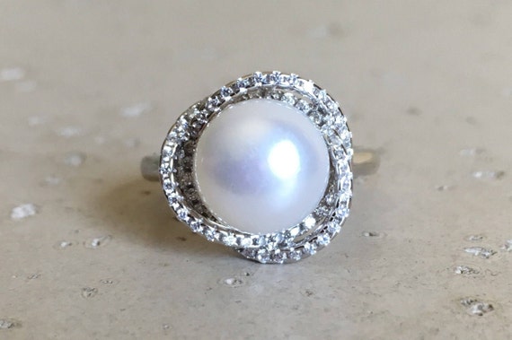 Genuine Pearl Engagement Ring- Halo Natural Pearl Swirl Ring- White Real Freshwater Pearl Ring Sterling Silver Promise Anniversary June Ring