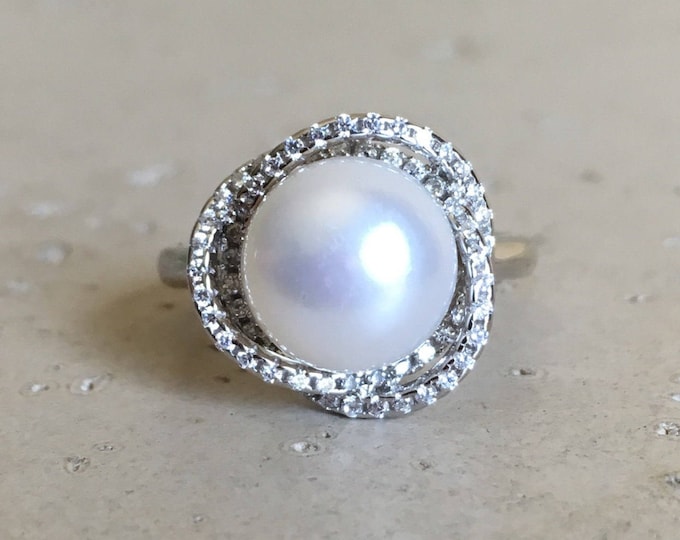 Genuine Pearl Engagement Ring- Halo Natural Pearl Swirl Ring- White Real Freshwater Pearl Ring Sterling Silver Promise Anniversary June Ring