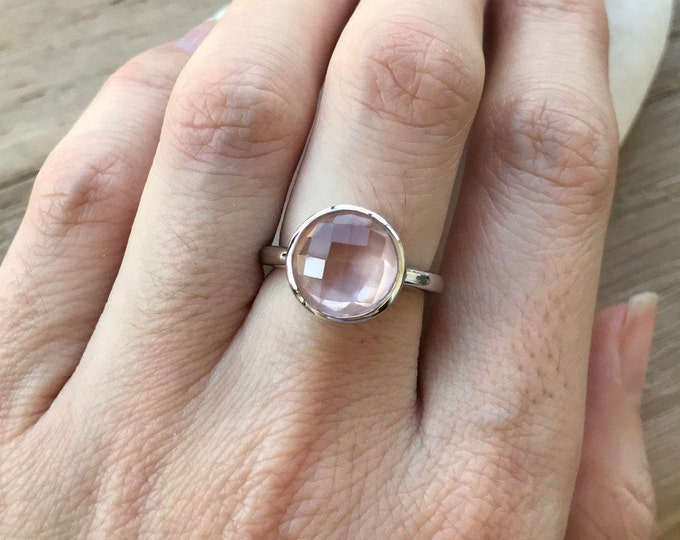 Round Genuine Natural Rose Quartz Ring- Pink Quartz Stack Ring- Classic Light Pink Stone Ring- Simple Pink Topaz Ring- Solitaire Ring