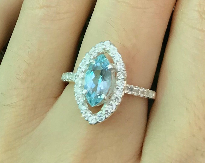 Natural Marquise Aquamarine Engagement Ring- Genuine 10x5mm Large Aquamarine Promise Ring- Aquamarine Halo White Topaz Solitaire Sliver Ring