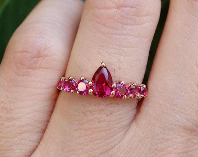 Ruby Round Wedding Band- Dark Deep Vivid Pink Red Nesting Cluster Circle Band- Fuchsia Gemstone Bespoke Band- July Birthstone Band