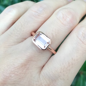 1.50ct Rectangle Natural Morganite Ring Genuine Morganite Emerald Cut Engagement Ring-East West Morganite Solitaire Minimalist Bezel Ring image 8